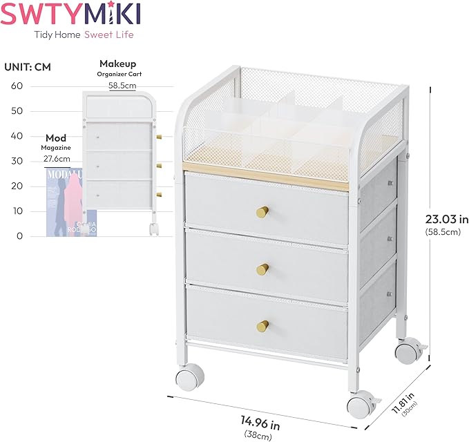 SWTYMIKI Rolling Makeup Organizer Cart - 14.96Ã¢ÂÂ³*11.81Ã¢ÂÂ³*23.03Ã¢ÂÂ³ Widened Under Desk Vanity Storage with 3 Non-woven Drawers, Cosmetic Display Cases for Skin Care Perfume Nail Polish Brush Hair Tool White