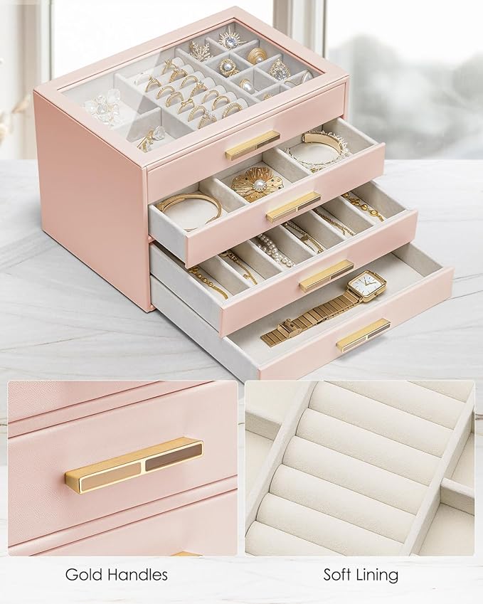 VLANDO 4 Layer Jewelry Box for Women, Glass Lid Jewelry Organizer with 4 Drawers for Necklaces Rings Earrings Bracelets - Dark Pink