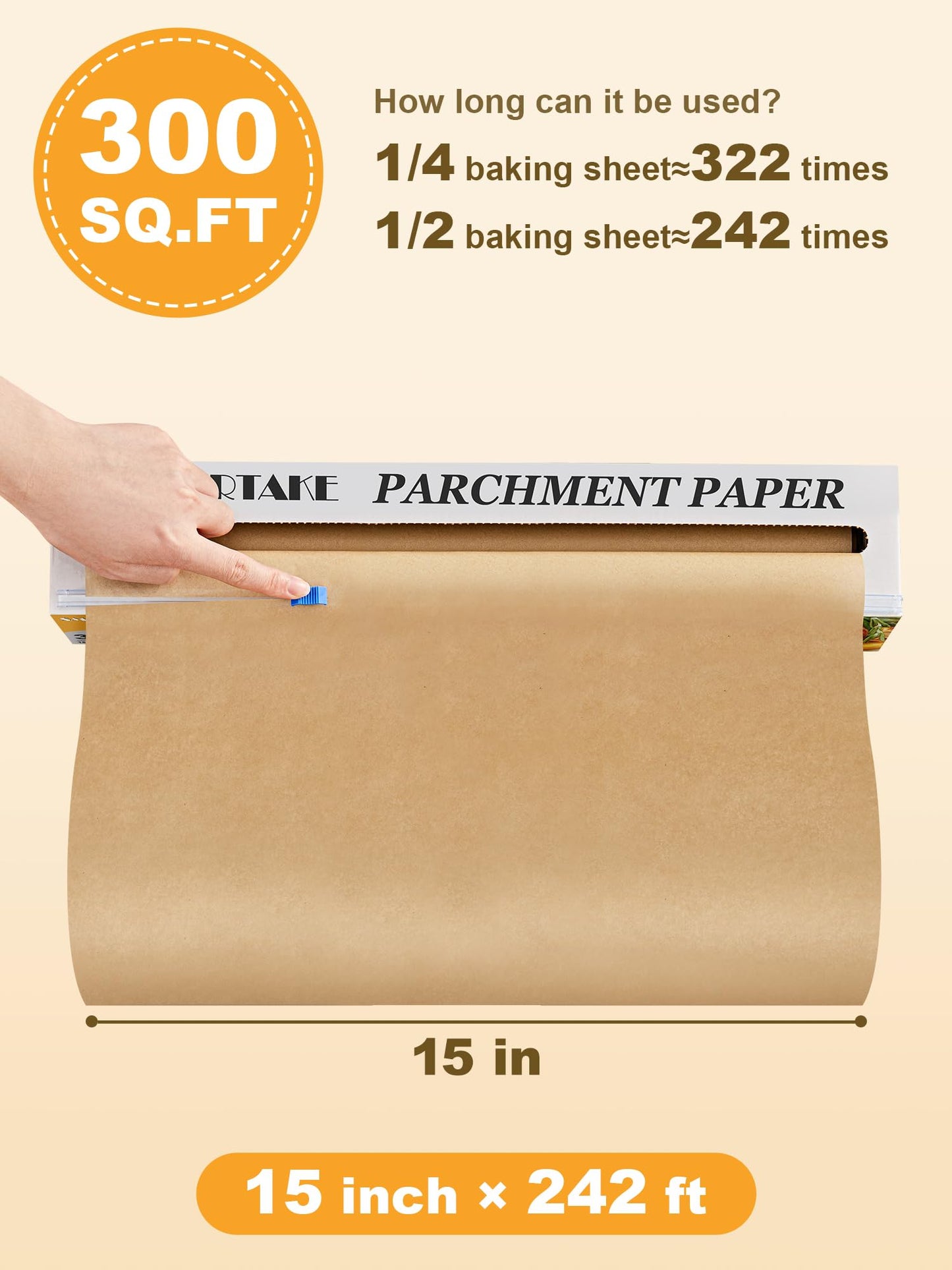 SMARTAKE Parchment Paper Roll for Baking, 15 in x 242 ft, 300 sq.ft, Non-Stick Baking Paper Sheets with Slide Cutter, Heavy Duty Extra Long, for Kitchen Baking Cooking Grilling Steaming, Unbleached