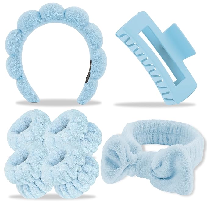 Canitor Spa Headband Wrist Bands Hair Clips Set Skincare Makeup Self Skin Care for Women Washing Face College Grandkids Clean Girl Gifts Cute Trendy Stuff Aesthetic Things Blue Stocking Stuffers