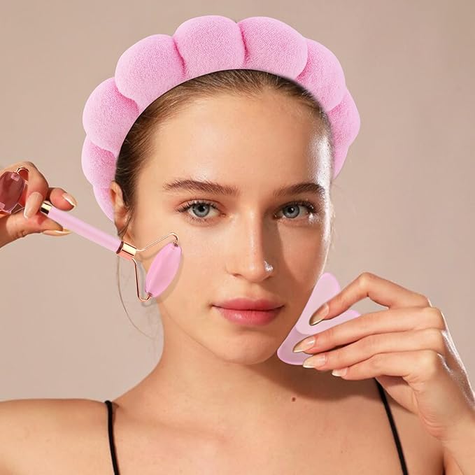 Chanaco Spa Headband and Wristbands for Women Gua Sha & Jade Roller Facial Tools Skincare Headband for Washing Face Makeup Fash Wash Hairband Teen Girl Trendy Stuff
