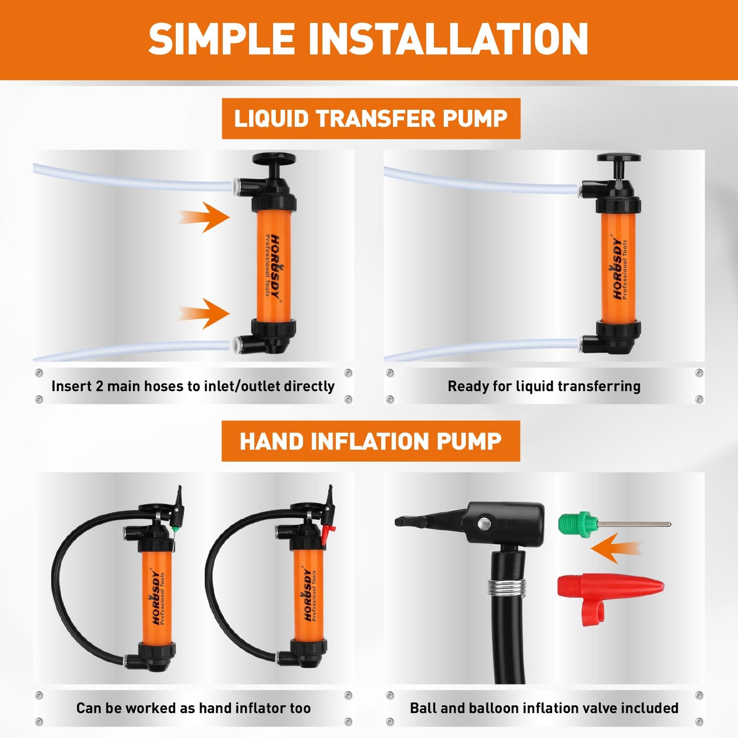 HORUSDY Multi-Use Siphon Transfer Pump Kit Hand Fuel Pumps for Gas Oil Water with Air Hose, Portable Manual Fuel Transfer Pump for Boat, Car, RV, Emergency, Lawn Mower Fluid Drainage