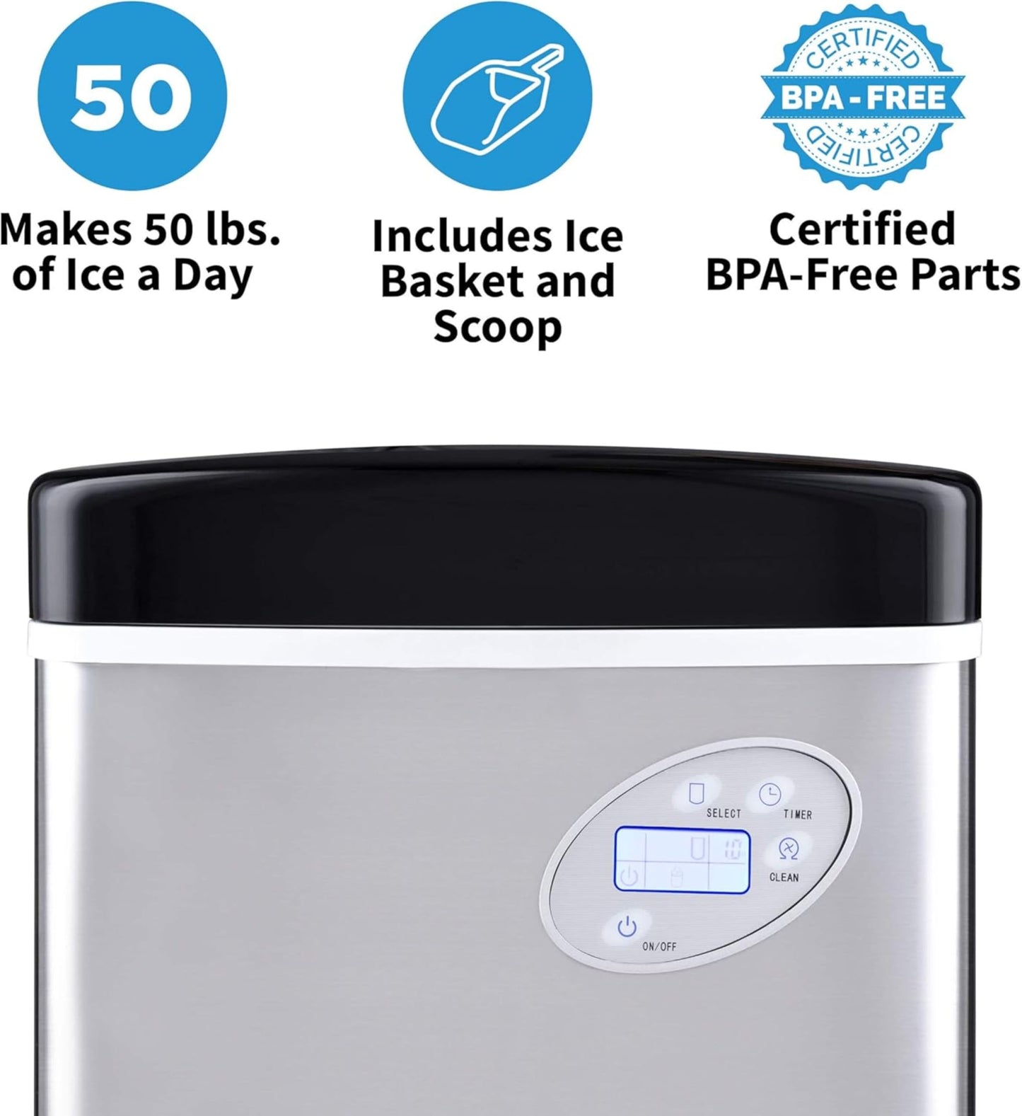 NewAir 50 lb. Countertop Ice Maker | Portable Bullet Ice Machine | 12 Cubes in 7 Minutes, 3 Ice Sizes | Stainless Steel, Self-Cleaning, BPA-Free