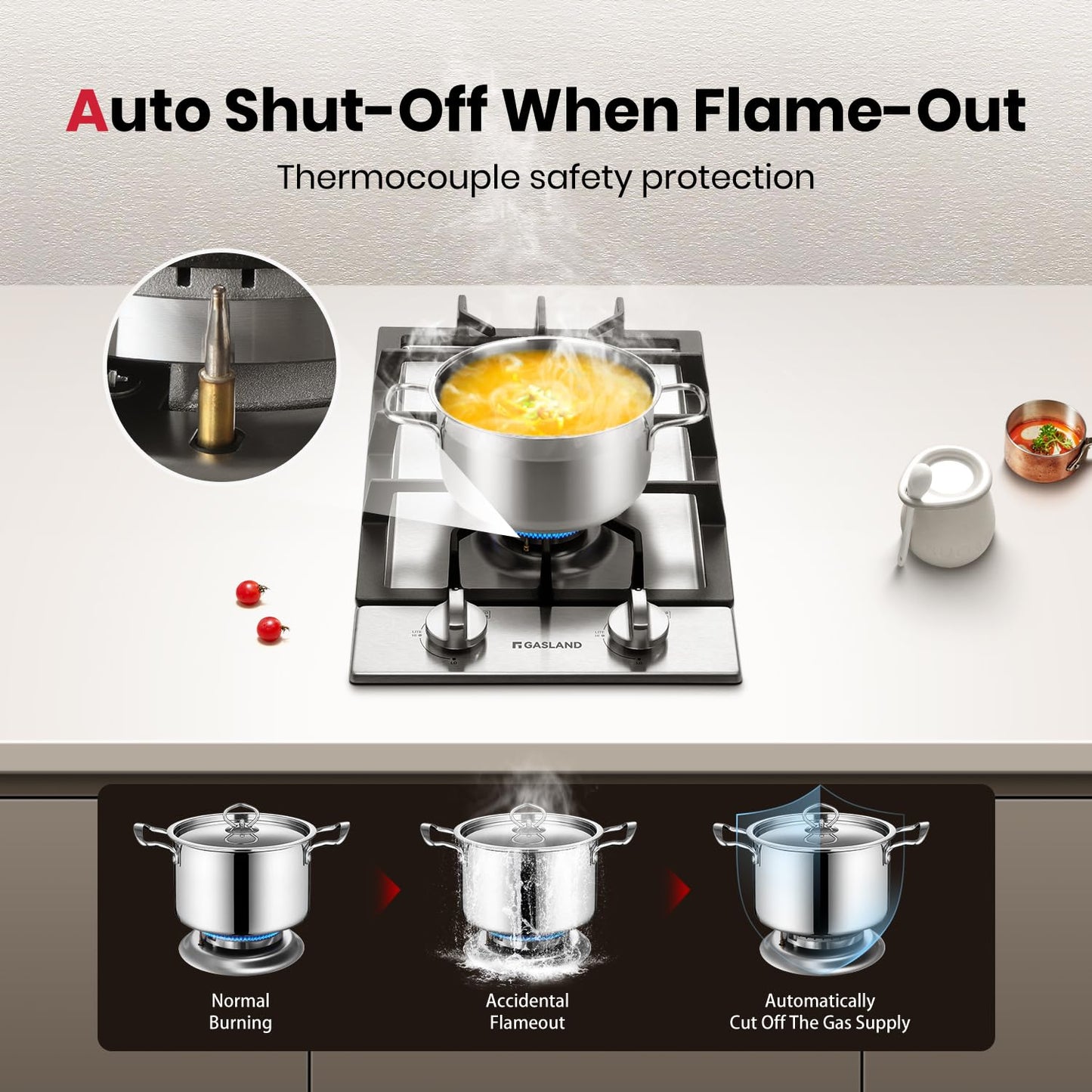 GASLAND 12 Inch Gas Cooktop 2 Burners, Drop-in Propane Stove Top with Thermocouple Protection, LPG/NG Convertible Dual Fuel Natural Gas Hob, Stainless Steel