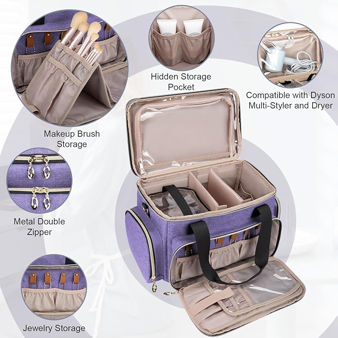 GDNasist Large Makeup Bag, Portable Travel Makeup Bag Organizer for Women Girls with 2 Removable Pouches & Detachable Dividers, Cosmetic Travel Bag, Toiletry Bag for Makeup and Hair Supplies, Purple