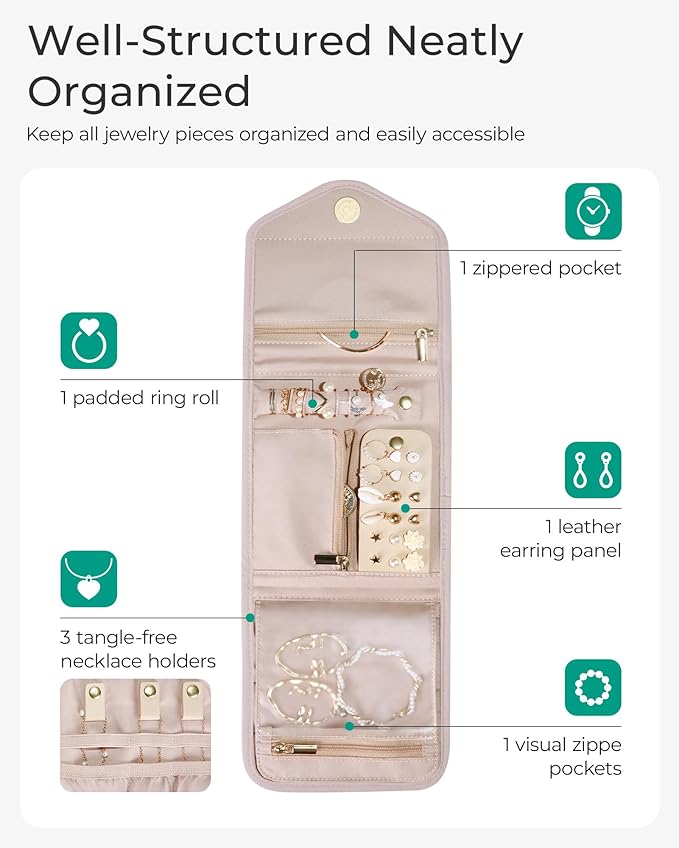 BAGSMART Travel Jewelry Organizer Case Foldable Small Jewelry Roll for Journey Rings, Necklaces, Earrings, Bracelets,Mini,Soft Pink (Pack of 2)