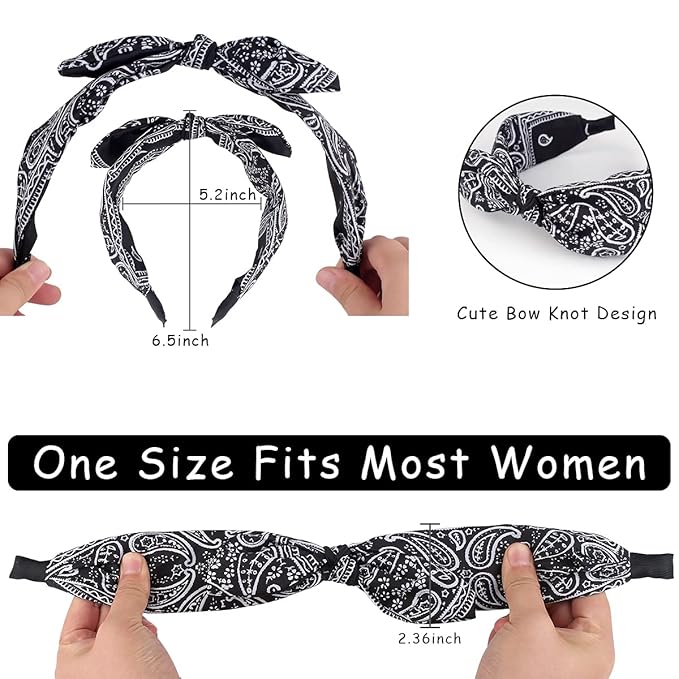TOBATOBA 6pcs Paisley Knotted Bow Headbands with Removable Rabbit Ears - Top Knot & Turban Styles for Women & Girls