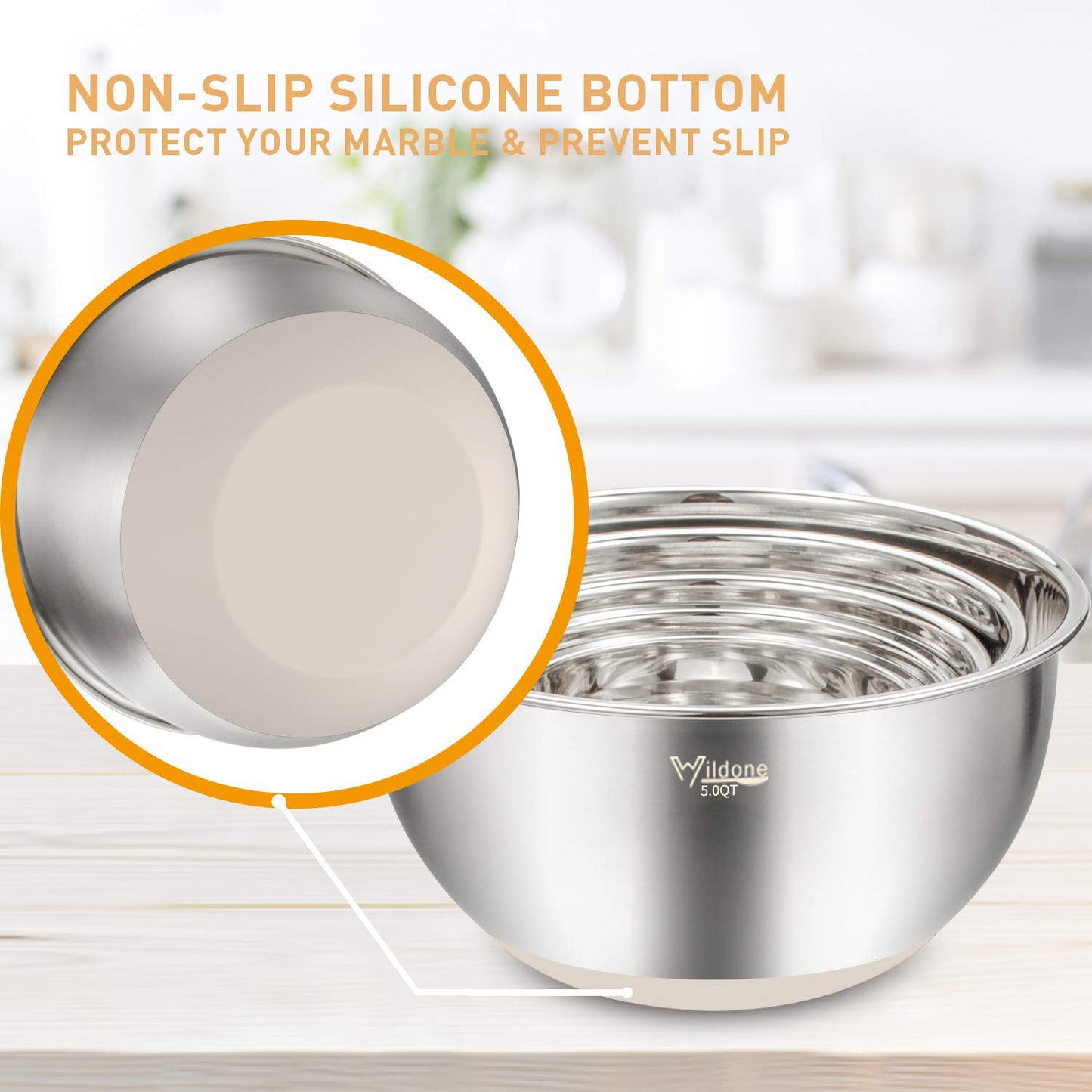Wildone Mixing Bowls with Airtight Lids Set, 5PCS Stainless Steel Khaki Nesting Bowls for Kitchen, with Grater Attachments & Non-Slip Bottoms, Size 5, 3, 2, 1.5, 0.63 QT, Great for Mixing & Serving