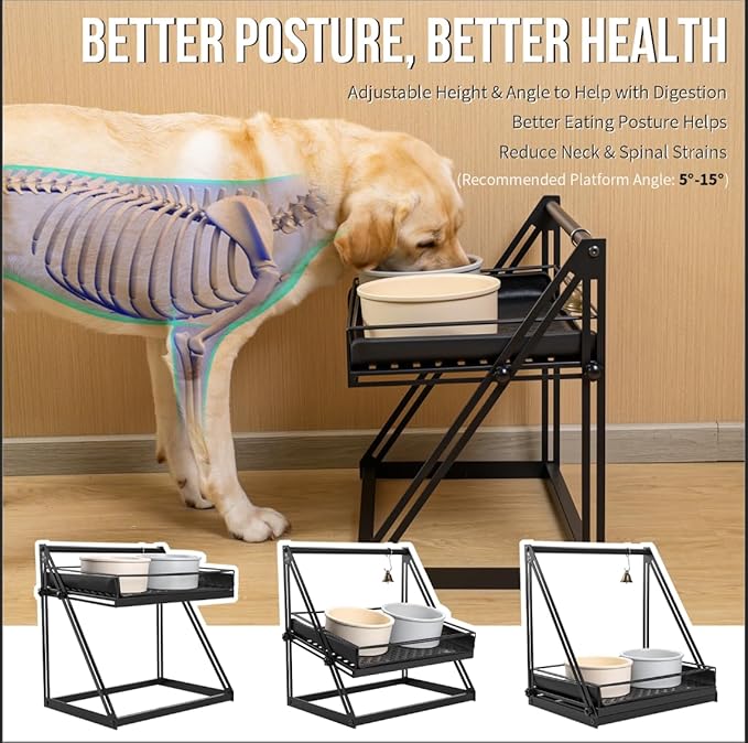 OneTigris Elevated Dog Bowl, Raised Dog Bowls for Medium Large Dogs, Adjustable Height, with Non-Slip Mat No-Spill Baffle, Height Adjustable from 2" to 11" Black (Bowls Not Included)