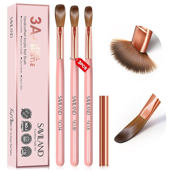 SAVILAND 3PCS Acrylic Nail Brush Set: Size 8/10/14 Kolinsky Acrylic Nail Brushes for Application, Pink Handle Professional Acrylics Powder Brushes for Nails Extension & 3D Nails Carving