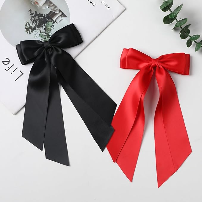 LuSeren 2 PCS Double Layer Hair Bows Red and Black Hair Ribbon Clips Ponytail Holder Accessories for Women Girls Toddlers Teens Kids
