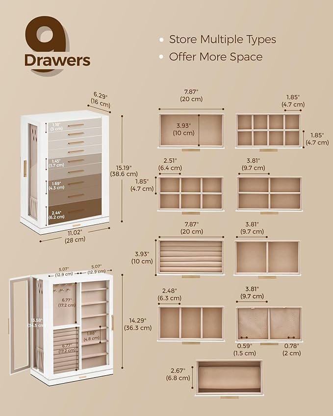 Glimmloop 360ÃÂ° Rotating Jewelry Box with 9 Drawers, Spacious Vertical Jewelry Organizer with Glass Window, Jewelry Storage Case, Dustproof & Moisture-resistant Design, White