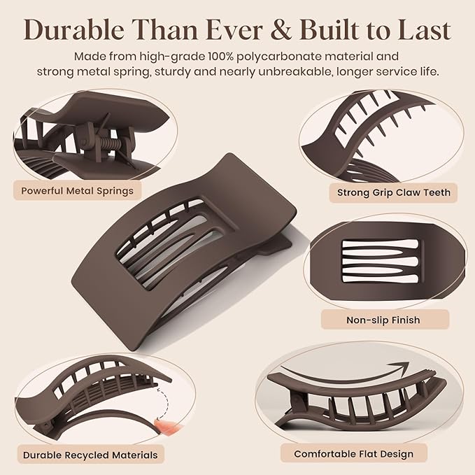 4 PCS Flat Hair Clips for Women Girls, French Rectangle Lay Down Claw Clips for Thick Thin Hair, Comfortable Curved Large Flat Clips, Matte Non-slip Strong Hold Square Hair Accessories, Brown