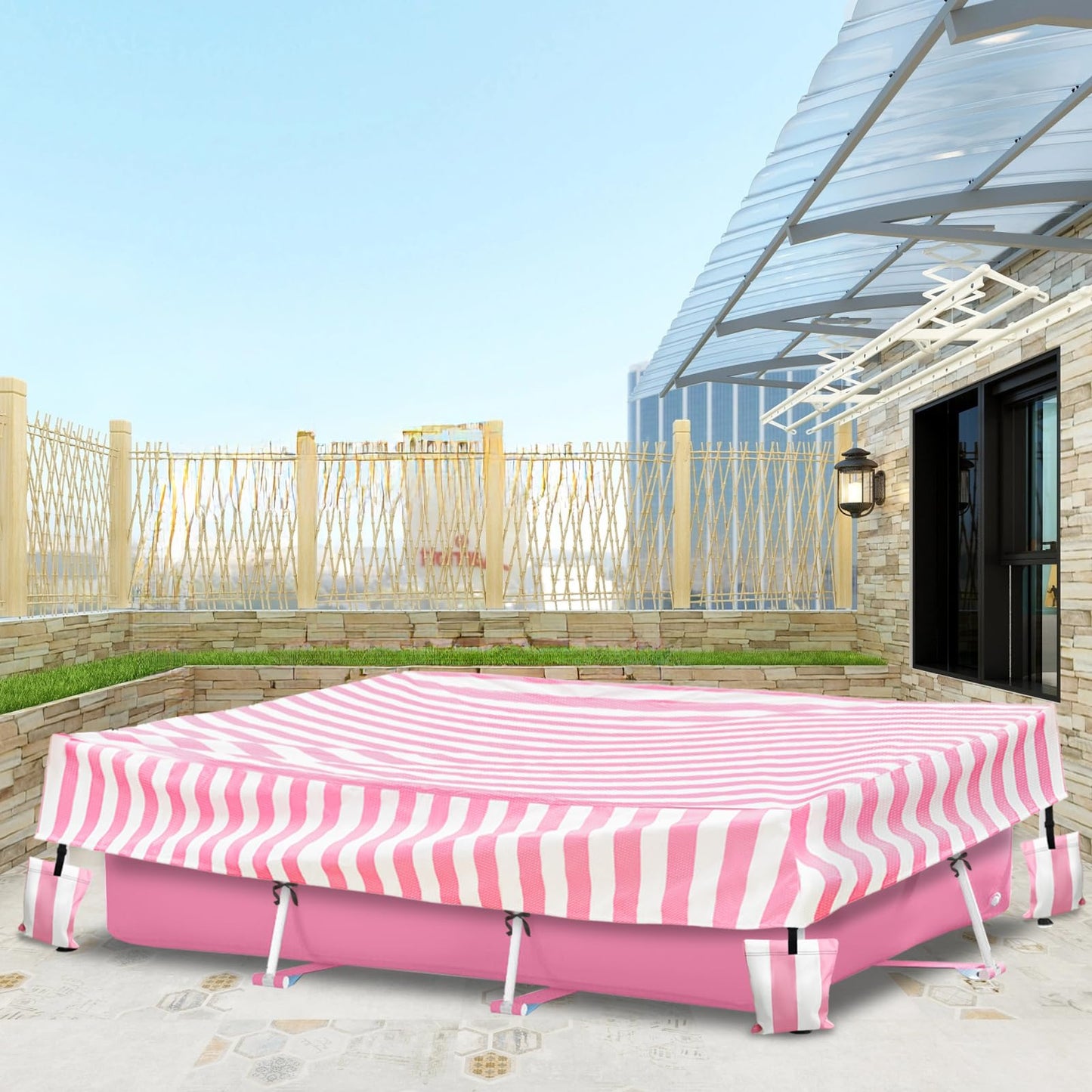 Sobana Rectangular Pool Cover,Waterproof Covers for 7' x 5' x 24" Rectangular Metal Frame Above Ground Outdoor Swimming Pool,with Tie-Down Ropes & 4 Sandbags,Increase Stability(Cover only,Pink)