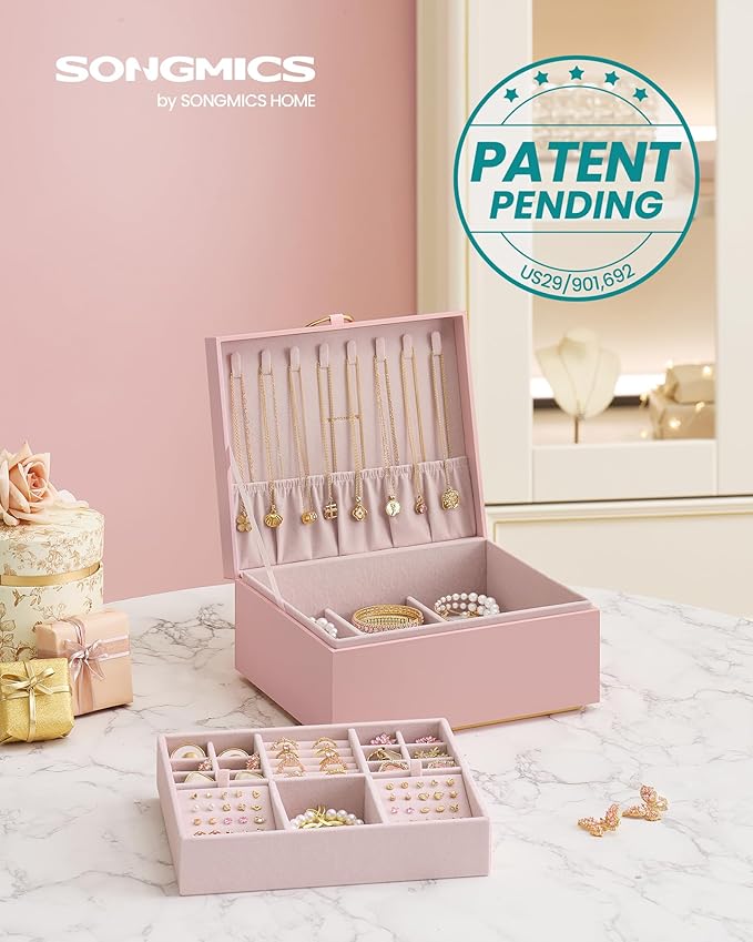 SONGMICS 2-Layer Jewelry Box, Jewelry Organizer with Handle, Removable Jewelry Tray, Jewelry Storage, Floating Effect, 8.1 x 9.4 x 4.3 Inches, Gift Idea, Jelly Pink UJBC165R01