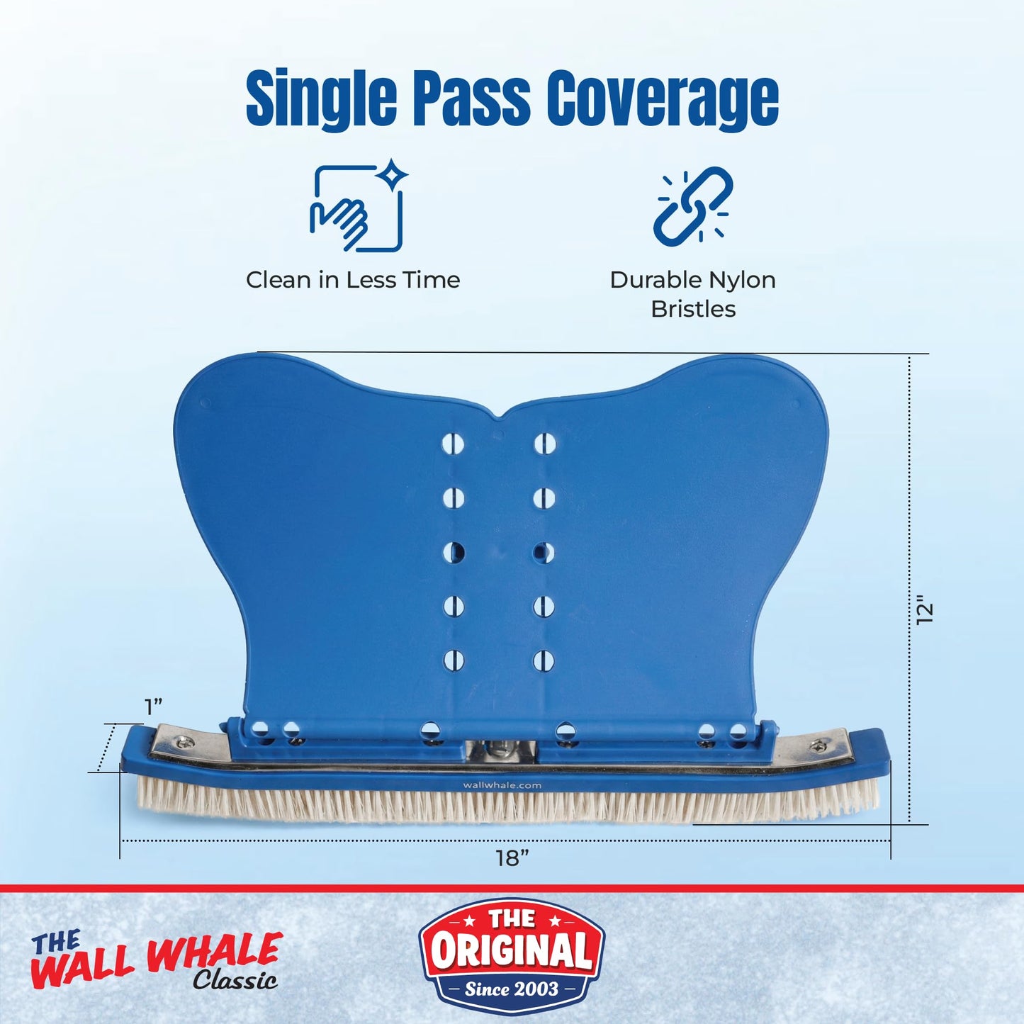 Wall Whale 18" Swimming Pool Brush Head | More Than 10x the Brushing Force | Algae Removal & Weekly Brushing | Attaches to Your Existing Pole