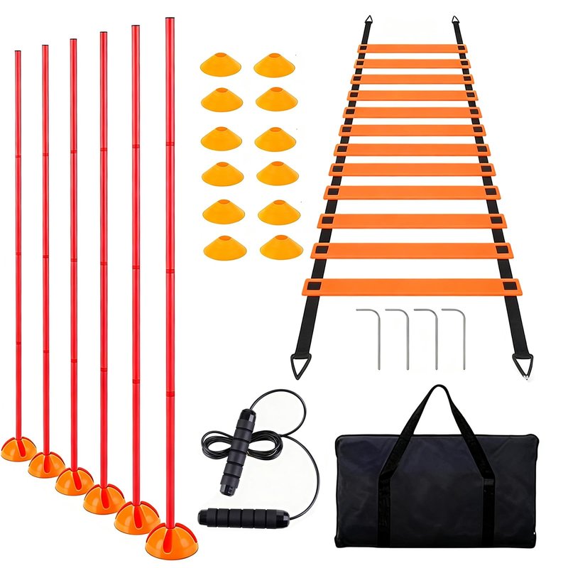 Kvittra 6PCS 6FT Adjustable Soccer Agility Training Poles, Soccer Agility Training Equipment with 20 ft Speed Ladder, 12 Disc Cones and Weighted Jump Ropes, Speed & Agility Turf Training Poles Drills