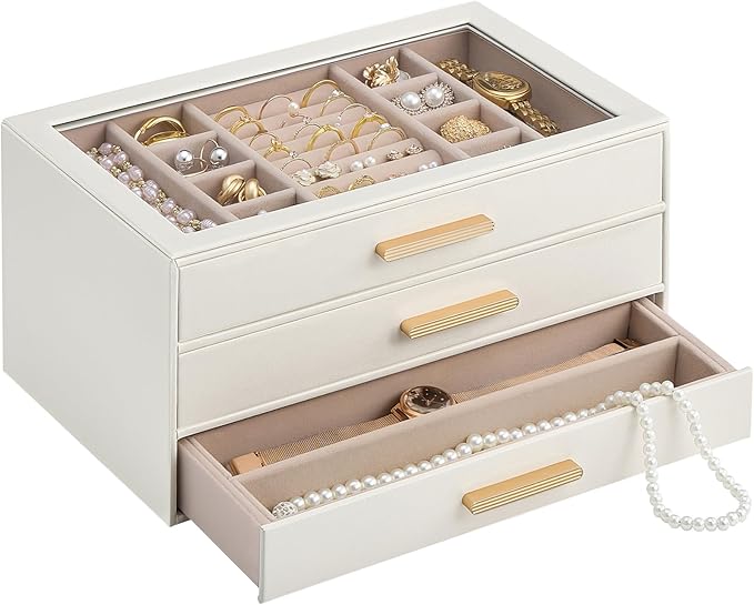 Lolalet Jewelry Box Organizer, 3-Layer Jewelry Organizers and Storage Case with Glass Lid, Ring Earring Bracelet Necklace Holder Organizer, Birthday Valentine Gifts for Women Girls -3Layer, Beige