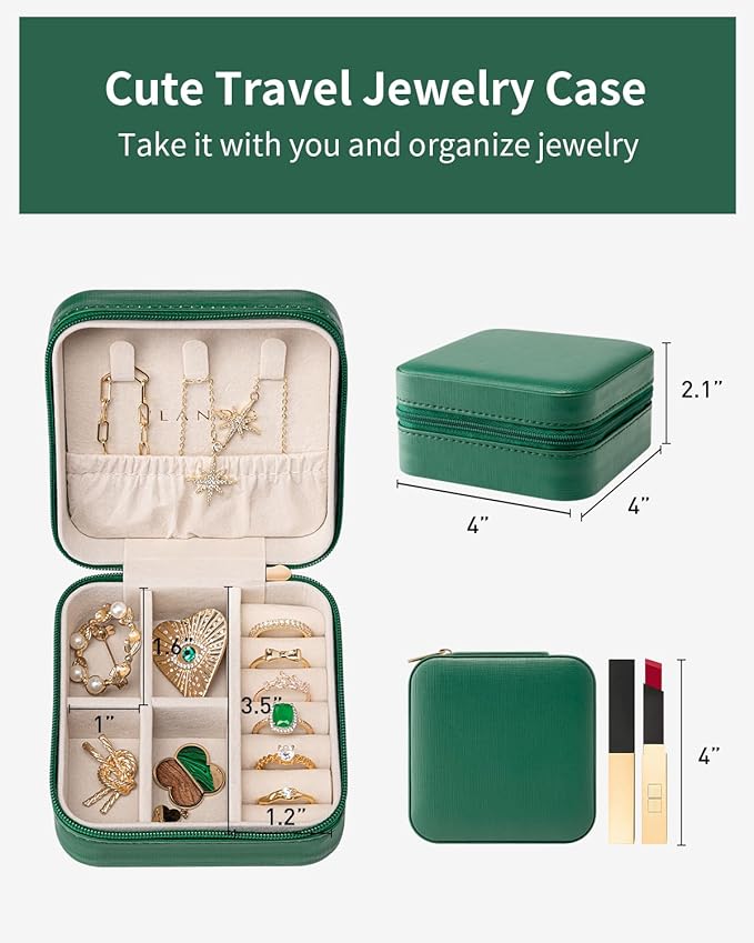 VLANDO Small Travel Jewelry Box Organizer - Girls Women Gift Rings Earrings Necklaces Jewelry Storage Display Case Dark Green