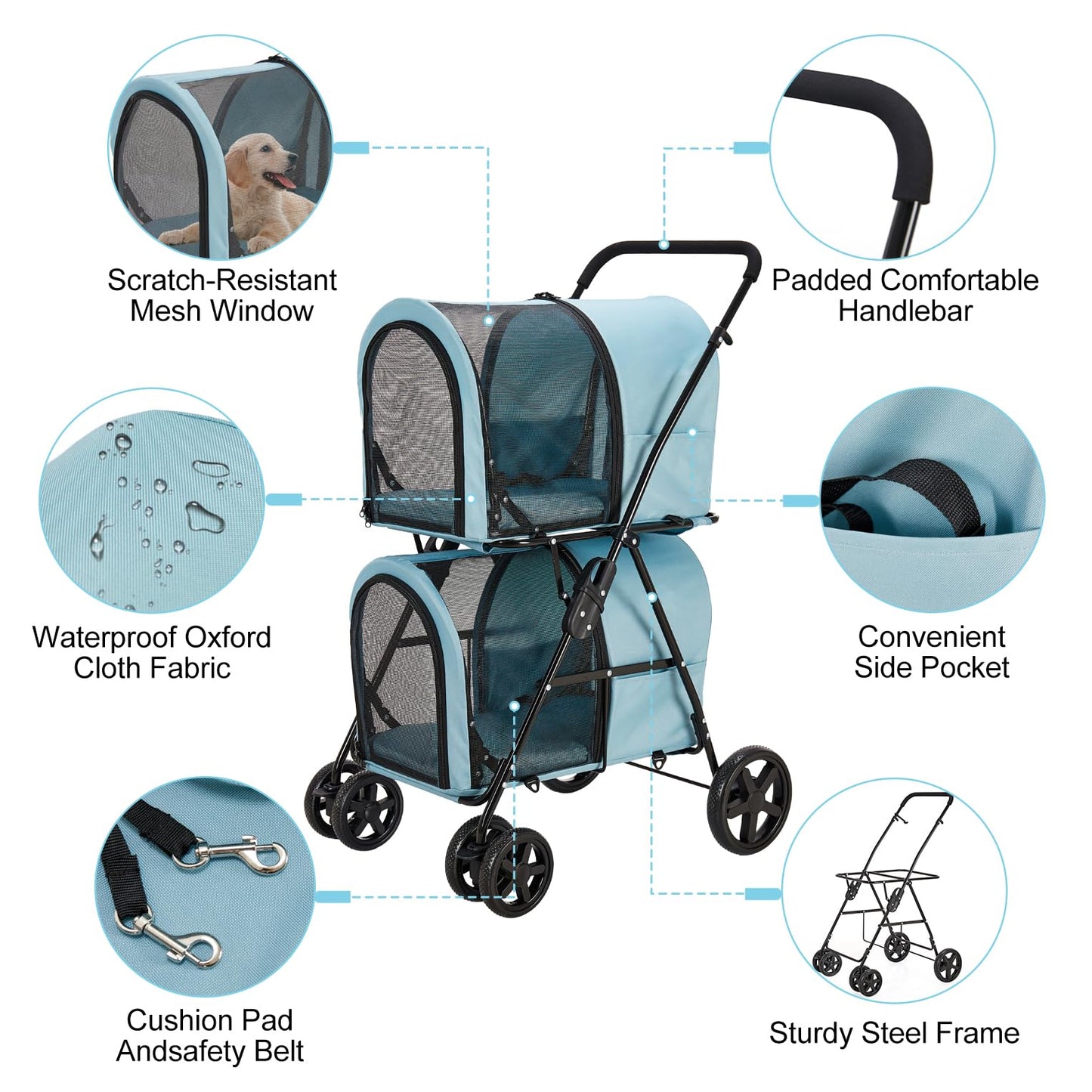 LPOTIUS Double Pet Stroller for Dogs and Cats with 2 Detachable Carrier, Quick-Folding Dog Stroller for Medium Small Dogs Cats, 4 Wheels, Light Blue