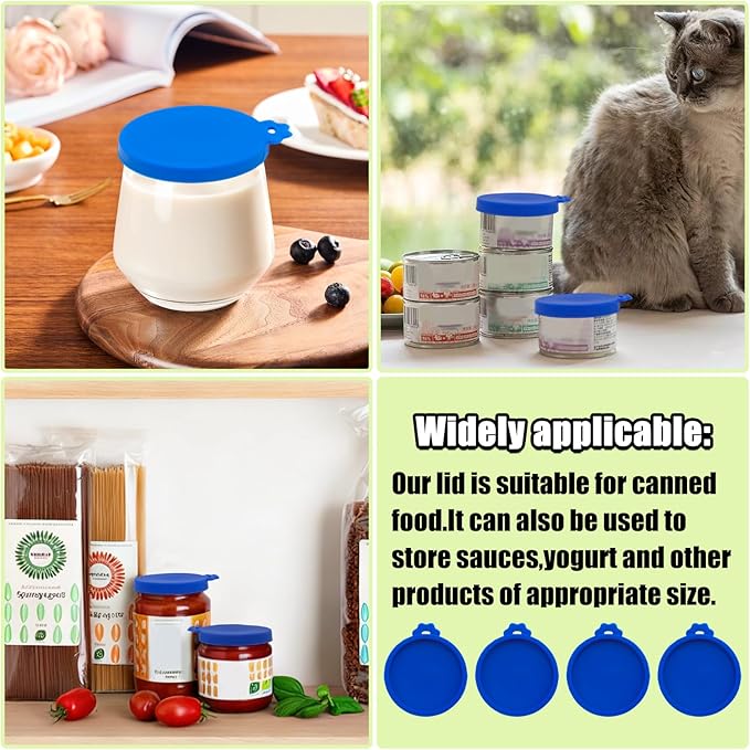 PINE & LINEN 4 Pcs 2.5inch Durable Pet Can Lids, Silicone Small Pet Can Covers Waterproof Cat Food Cans Lids for 3 oz Cat Food Cans（Blue）