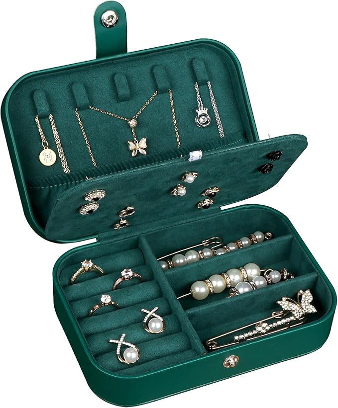 Hatori Travel Jewelry Box, PU Leather Small Jewelry Organizer for Women Girls, Portable Mini Travel Case Display Storage Holder Boxes for Stud Earrings, Rings, Necklaces, Bracelets (Ink Green)