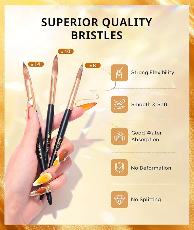 AIRSEE 3Pcs Acrylic Nail Brush Set, Size 8/10/14 Professional Manicure Brushes for Acrylic Powder Nail Art Extension, 3D Carving for DIY Salon Home, 3A+ Nylon, Black