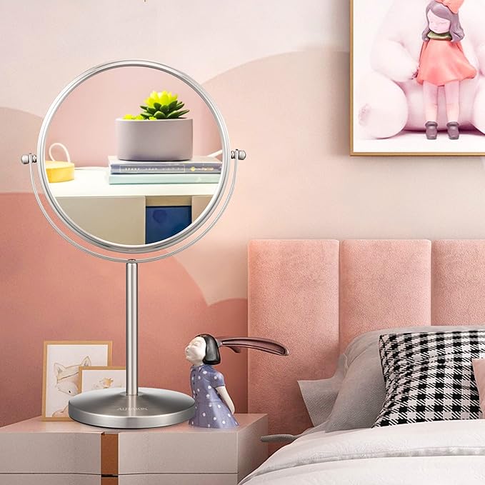 ALHAKIN 10x Magnifying Makeup Mirror, 8 Inch Tabletop Mirror with 1X/10X Magnification Double Sided, Standing Bathroom Makeup Mirror for Desk, Nickel