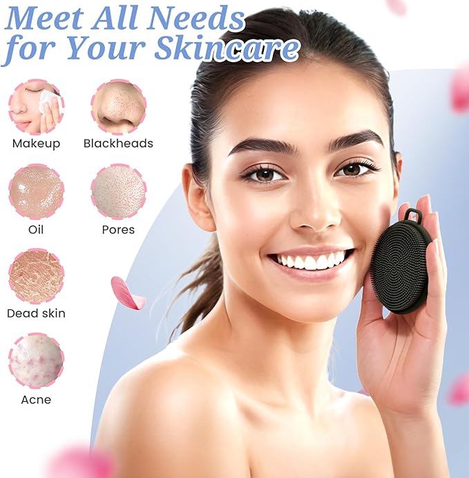 Silicone Face & Body Scrubber Set, Exfoliating Body Scrubber Face Scrubber with Dense Bristles & Non-Slip Handle, Gentle Silicone Loofah Face Brush for Good Lathering and Deep Cleansing(Black)