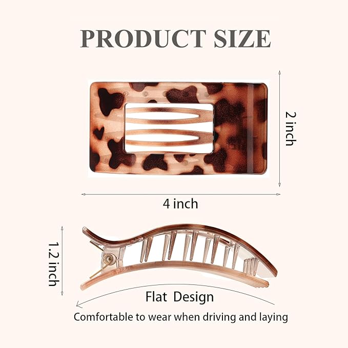 4 Pack Large Flat Hair Clips for Women, Rectangle Non-slip Lay Down Claw Clips, French Strong Hold No Crease Barrettes for Thick & Thin Hair, Stylish Square Hair Accessories (Leopard)
