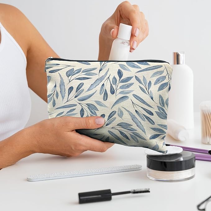 Blue Floral Makeup Bag Pouch, Blue and White Chinoiserie Makeup Pouch, Floral Cosmetic Bag, Boho Botanical Leaves Cosmetic Bag for Women