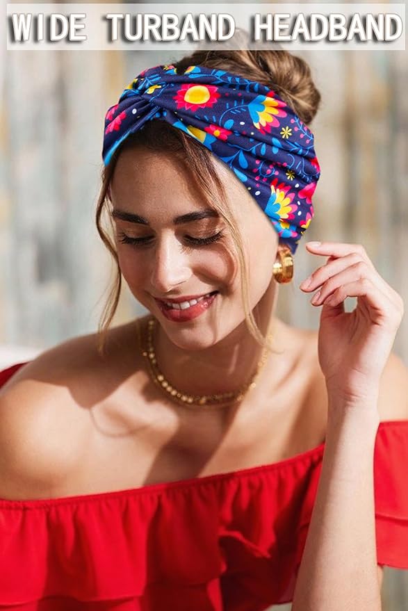 Tobeffect Extra Wide Headbands for Women, 7'' Boho Turban Floral Headband Large Hairband Twisted Hair Accessories, 6 pack