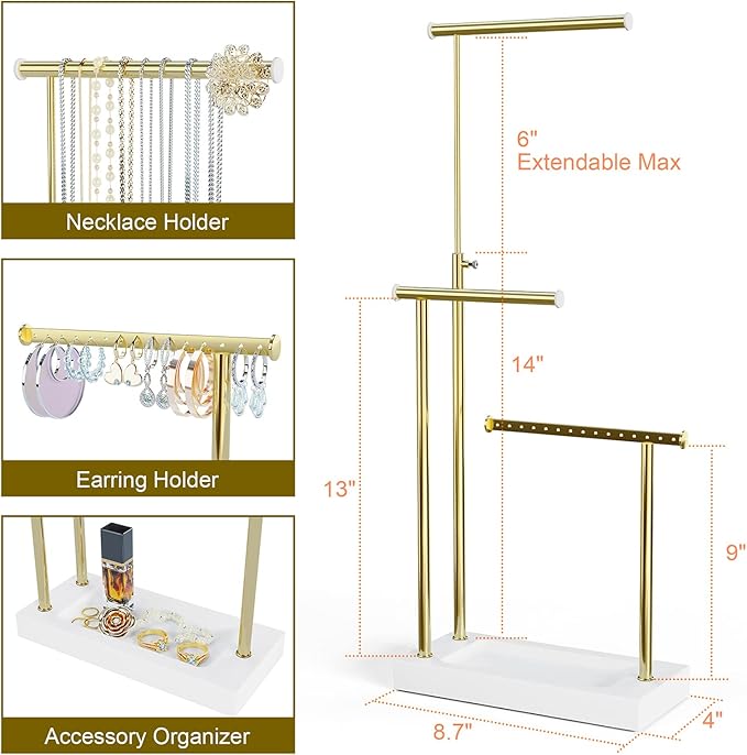 SRIWATANA Jewelry Organizer Display Extra Tall Necklace Holder 3 Tier Jewelry Tree Stand, Gift Idea (White & Gold)