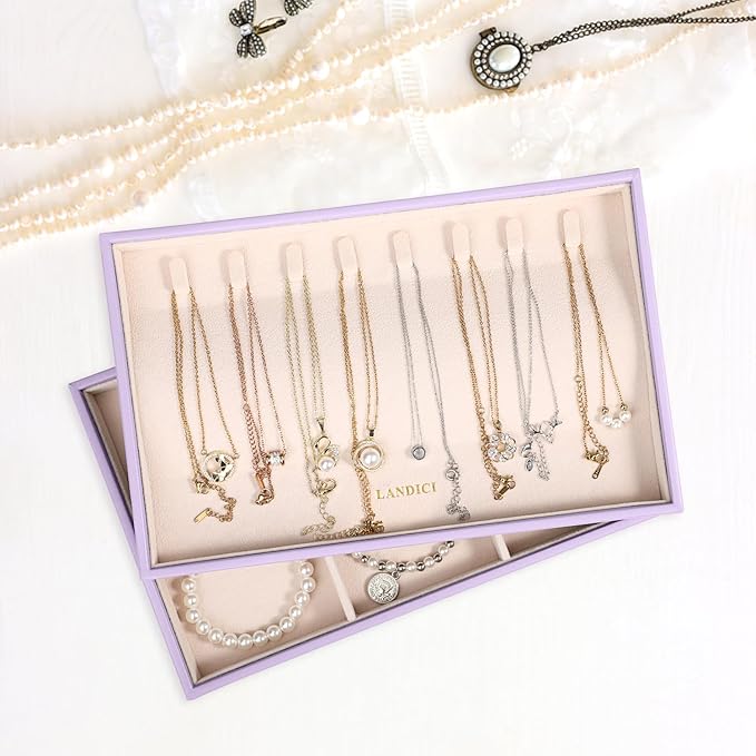 LANDICI Stackable Jewelry Organizer Trays 4 Set,PU Leather Jewelry Organizer Drawer,Jewelry Storage Display Tray for Earring Necklace Rings Bracelet with Removable Dividers,Lavender