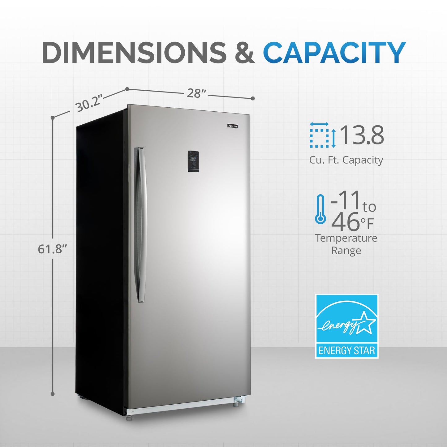 Newair Upright Freezer | 13.8 Cu. Ft., Garage-Ready Stand Up Freezer with Digital Controls, Auto Defrost, Fast Freeze Mode & LED Lighting | Stainless Steel