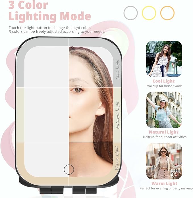 Travel Makeup Mirror, Portable Mirror with 3 Adjustable Light Settings, USB-Rechargeable Vanity Mirror with Lights, Gift for Women and Girls (Black)