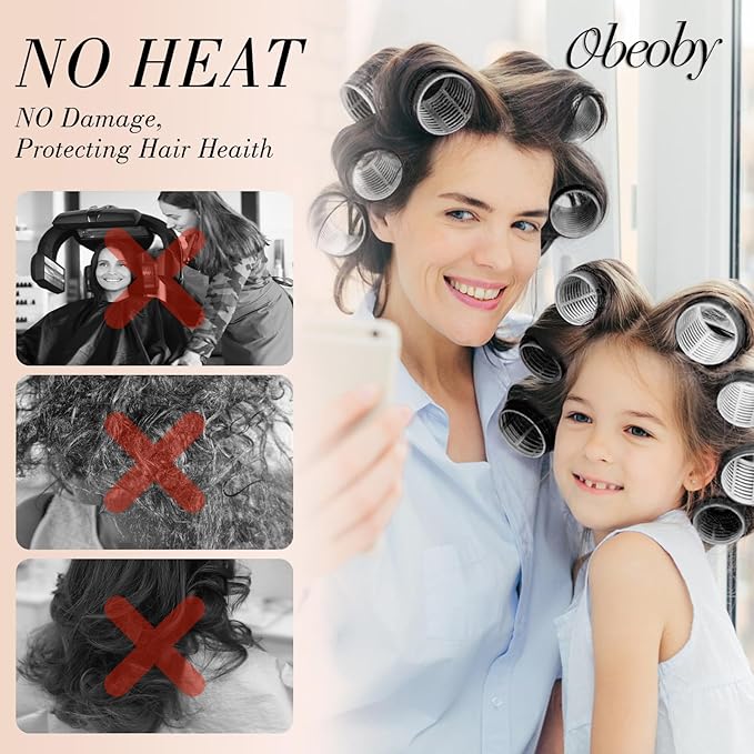 Obeoby 4 Sizes Hair Rollers for Women, Hair Curlers with Clips Comb Curlers for Long Short Curly Hair and Bangs (25, 36, 48, 60mm), Black