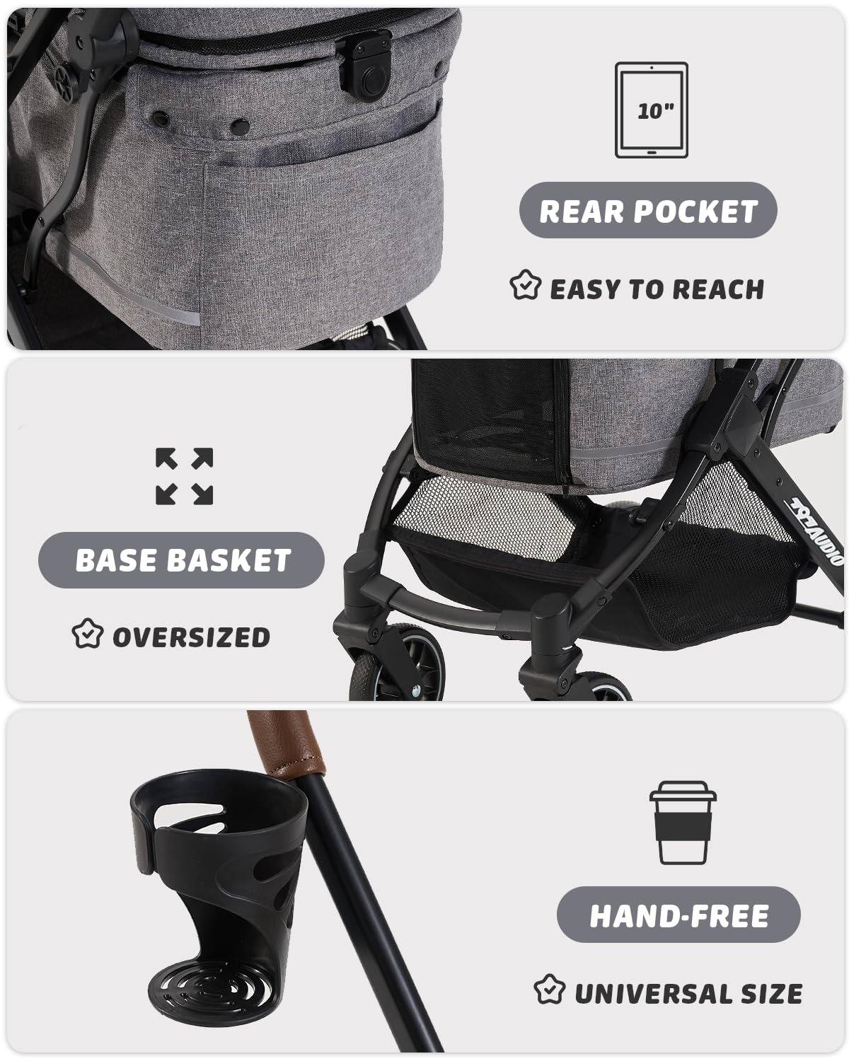 797Audio Dog Stroller for Small Medium Dogs, Pet Stroller for Cats Puppy Up to 121lbs,Foldable,One Click Folding,4 Wheel Shock Absorption,Adjustable Canopy with Sun Shades,Removable Washable Pad(Grey)