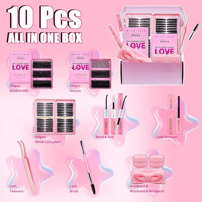 Lash Clusters Kit Eyelash Clusters Kit 3D Effect Cluster Eyelash Extensions Large Pack Cat Eye Lashes Clusters Lash Extension Kit PestaÃÂ±as Postizas Naturales+Lash Bond&Seal,Remover,Tools(Lash Kit-9)
