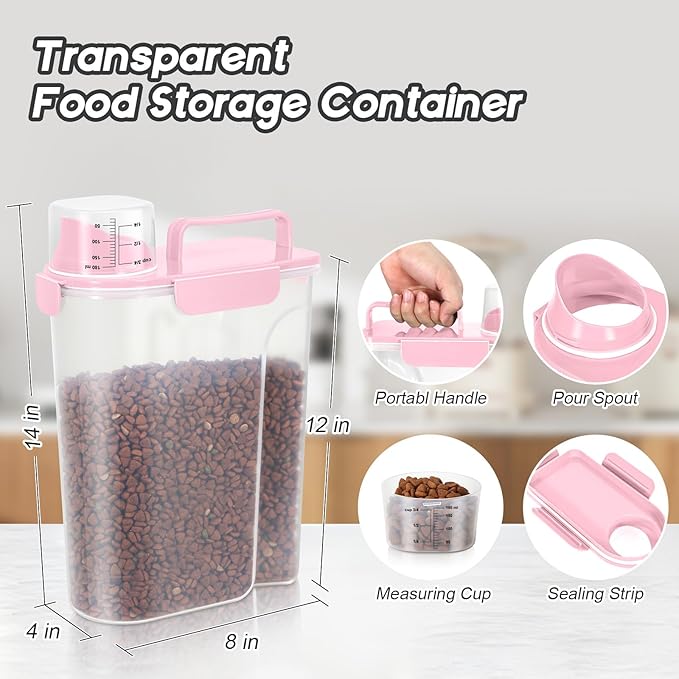5Lbs Airtight Cat Dog Food Storage Container with Upgraded Large Nozzle BPA-Free, Pet Food Storage Containers for Rice, Grain, Pet Food, Flour, Dog Treat Storage (Light Pink, (3L+5L)-2pack)