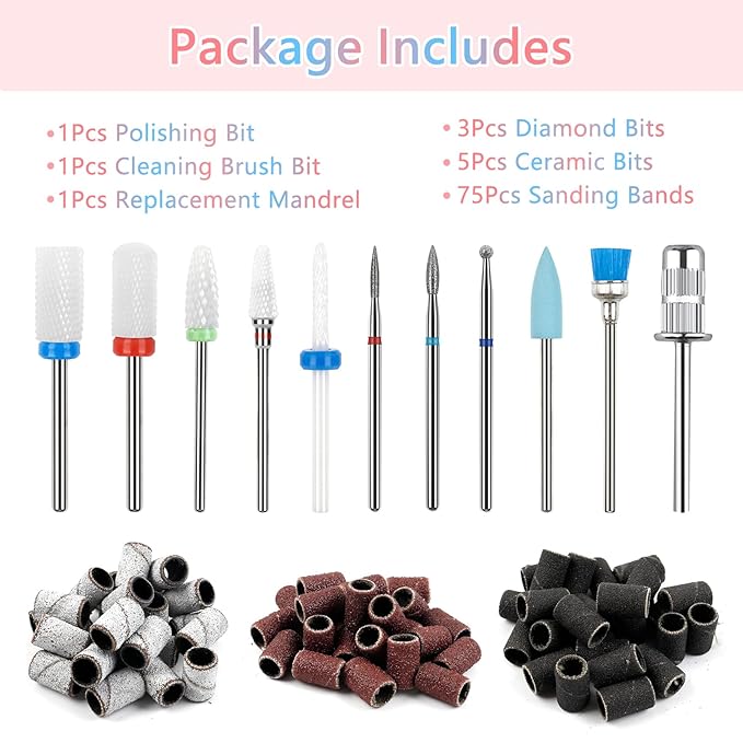 BQAN Nail Drill Bits Set, 10Pcs 3/32 In Drill Bit for Nail Tech Ceramic Diamond Bits with 75Pcs Nail File Sanding Bands for Remove Cuticle Acrylic Polish Nails Manicure