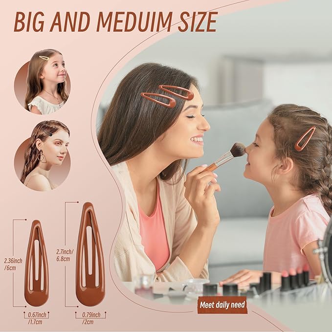 Metal Snap Hair Clips, No Slip Hair Clips for Thick/Thin Hair, 16pcs Medium/Big Barrettes for Women Kids Girls Hairstyle Makeup Accessories (8pcs 2.36inch & 8pcs 2.7inch) (Black Brown)