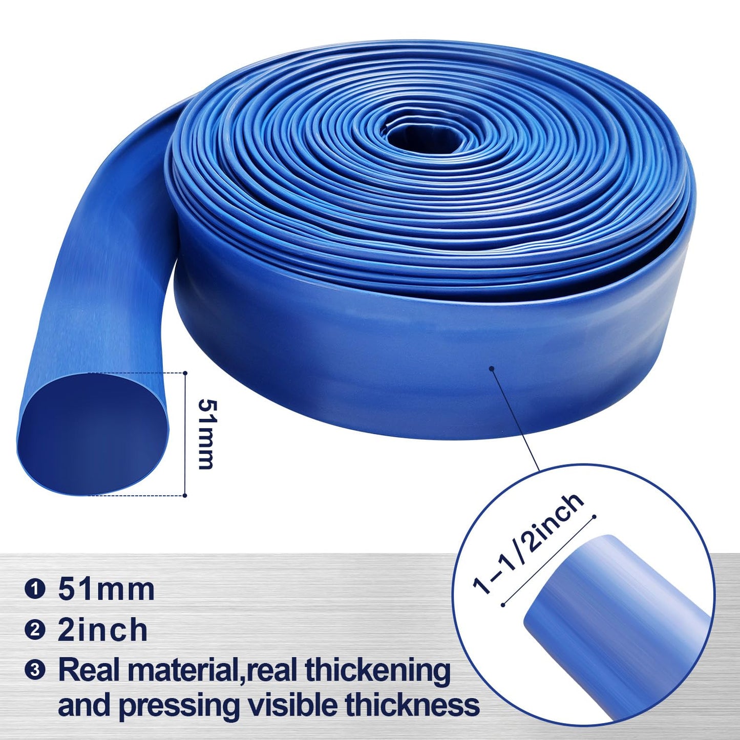YASHINE PVC HOSE 1-1/2"*100ft, Pool Backwash Hose, Heavy Duty Reinforced Blue PVC Lay Flat Water, For Swimming Drain Pools and Clean Filters, with 2 Clamp