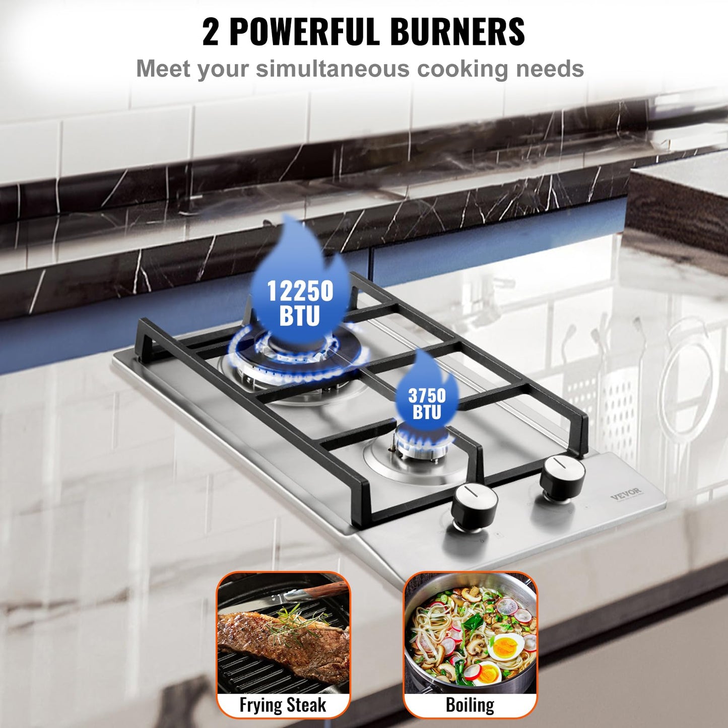 VEVOR Gas Cooktop 12 inch, Max 12250BTU 2 Burners Built-in Stainless Steel Gas Stove Top, LPG/NG Convertible Dual Fuel Natural Gas Hob with Thermocouple Protection for Outdoor, Kitchen, Camping, RV