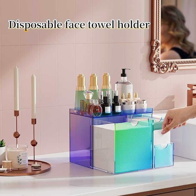 Youdepot Iridescent Acrylic Face Towel Holder with 3 Drawers, Disposable Face Towel Organizer for XL Facial Towels, Cotton Pads, Swabs, Skincare Tools, Bathroom Vanity Countertop Storage Box