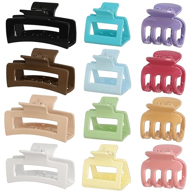 12 Pcs Hair Clips for Women 3 Styles Small Medium Large Claw Clips for Thin Thick Curly Hair, Strong Hold & Non-Slip Clips, Stylish Hair Accessories Ideal Gifts for Women (Gloss Colorful)