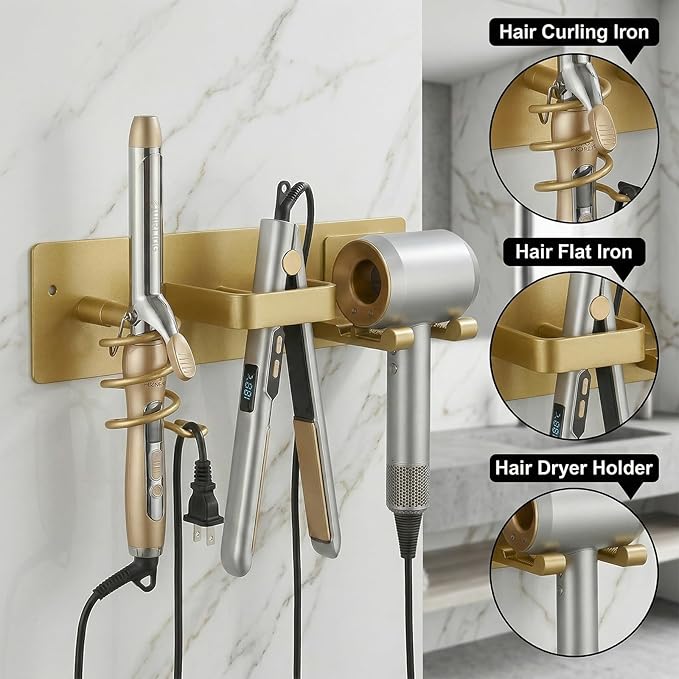 Blow Dryer Holder Wall Mount, 3 in 1 Bathroom Hair Tool Organizer with Curling Iron Holder & Flat Iron Holder, Universal Hair Dryer Holder Rack Storage (Champagne Gold)