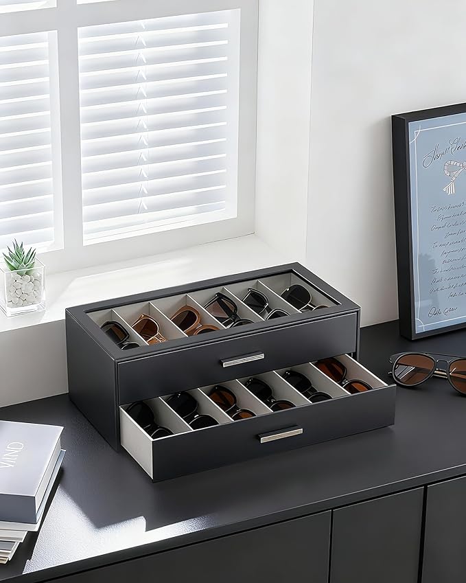 Lolalet Beige Sunglasses Storage Box for Women, Eyewear Eye Glass Organizer with Clear Top Lid Display Holder Case