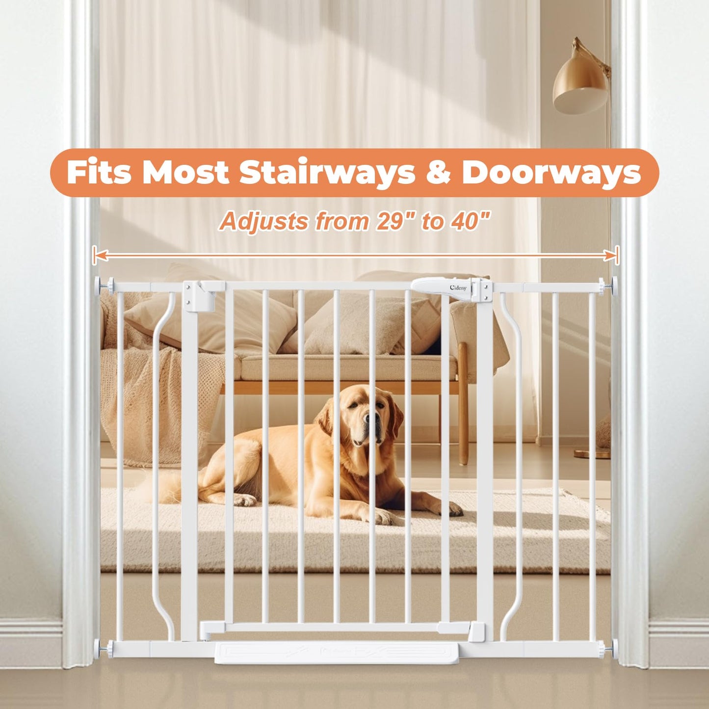 Cideny Baby Gate No Drilling, 29"-40" Auto Close Dog Gate Indoor for Doorways & Stairs, Pressure Mounted Adjustable Pet Gate, Easy Walk Through Child Gate for Children & Pets Stroller Friendly, White