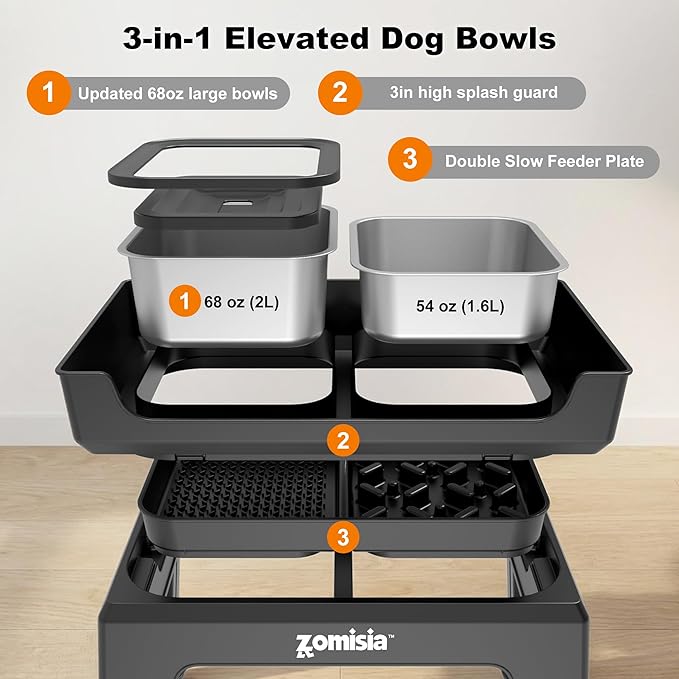 3-in-1 Elevated Dog Bowls Dual Layer - Mess Proof 6 Heights Adjustable Raised Dog Bowl Stand 6"-16", with 2L No Spill Stainless Steel Water Bowls, Slow Feeder Plate for Medium, Large Pets